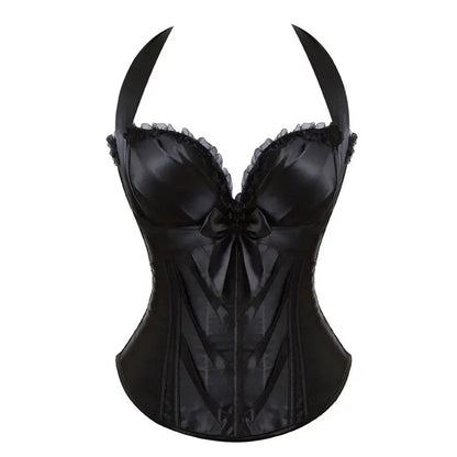 Elegant black sexy corset top for women with ruffle details and bow accent