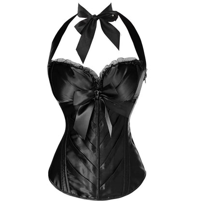 Black satin sexy corset top for women with a bow and halter neck design