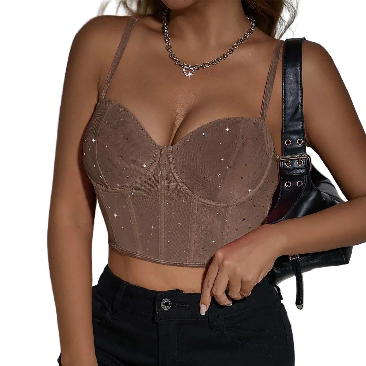 LuckeLadybug LLC Sexy corset top for women in beige with sparkles, featuring adjustable straps and a fitted design
