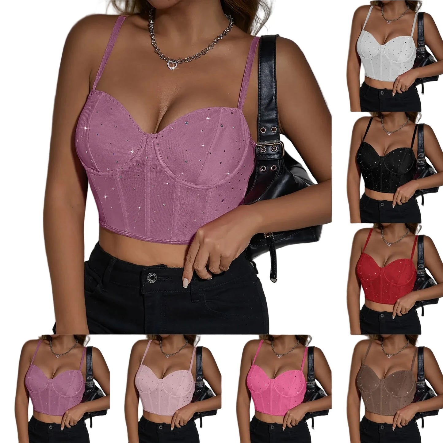 Collection of sexy corset tops for women in various colors and styles, adorned with delicate embellishments