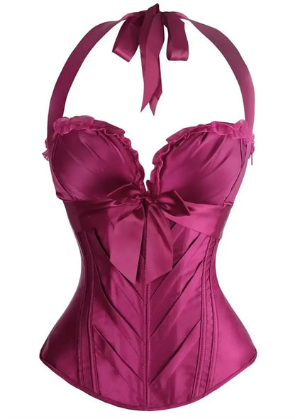 Luxurious magenta sexy corset top for women featuring a sweetheart neckline and elegant ribbon ties