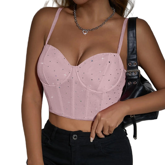 Pink sexy corset top for women with sparkly embellishments and adjustable straps