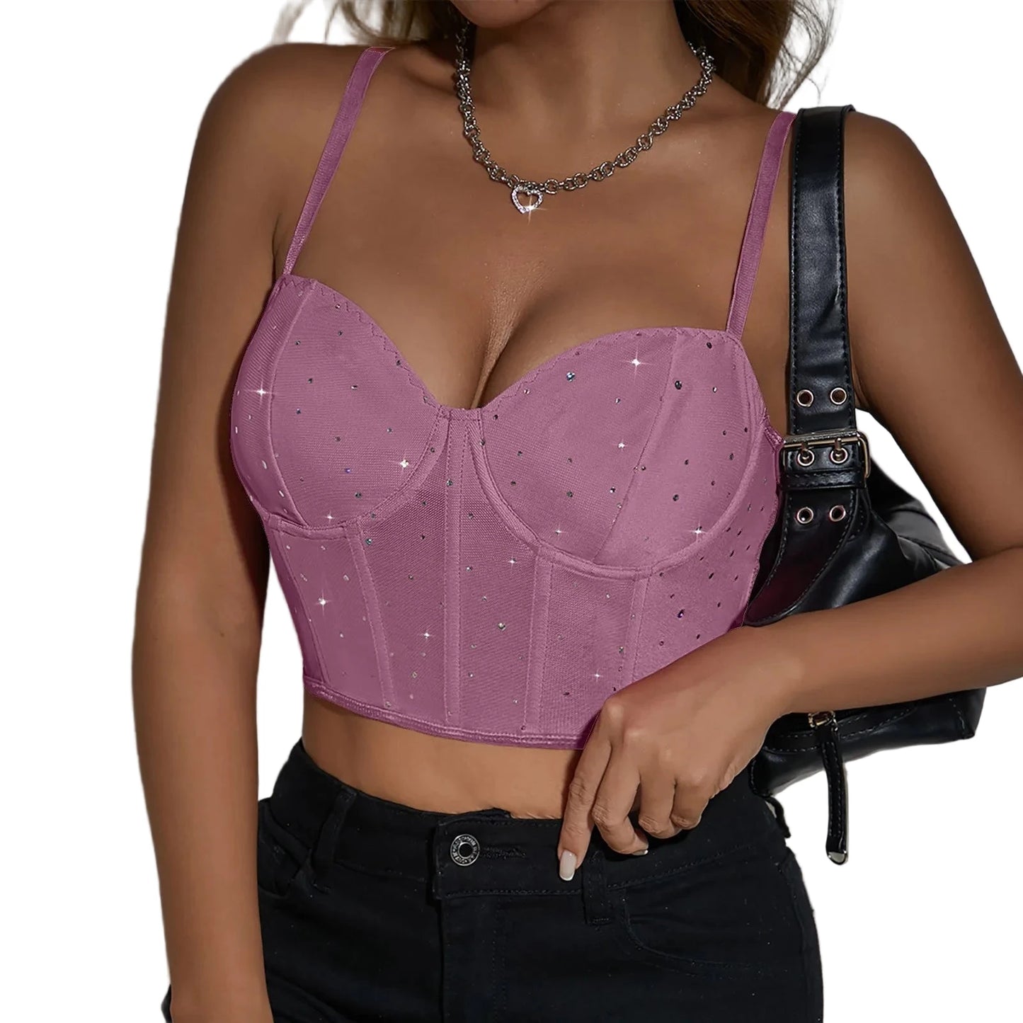 Pink sexy corset top for women with sparkly details, perfect for stylish summer outfits