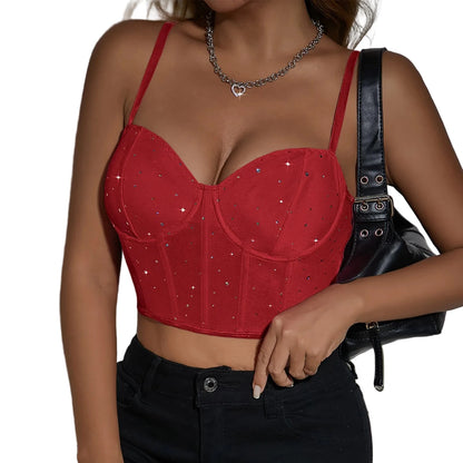 Red sexy corset top for women with shimmering accents, perfect for stylish outfits.