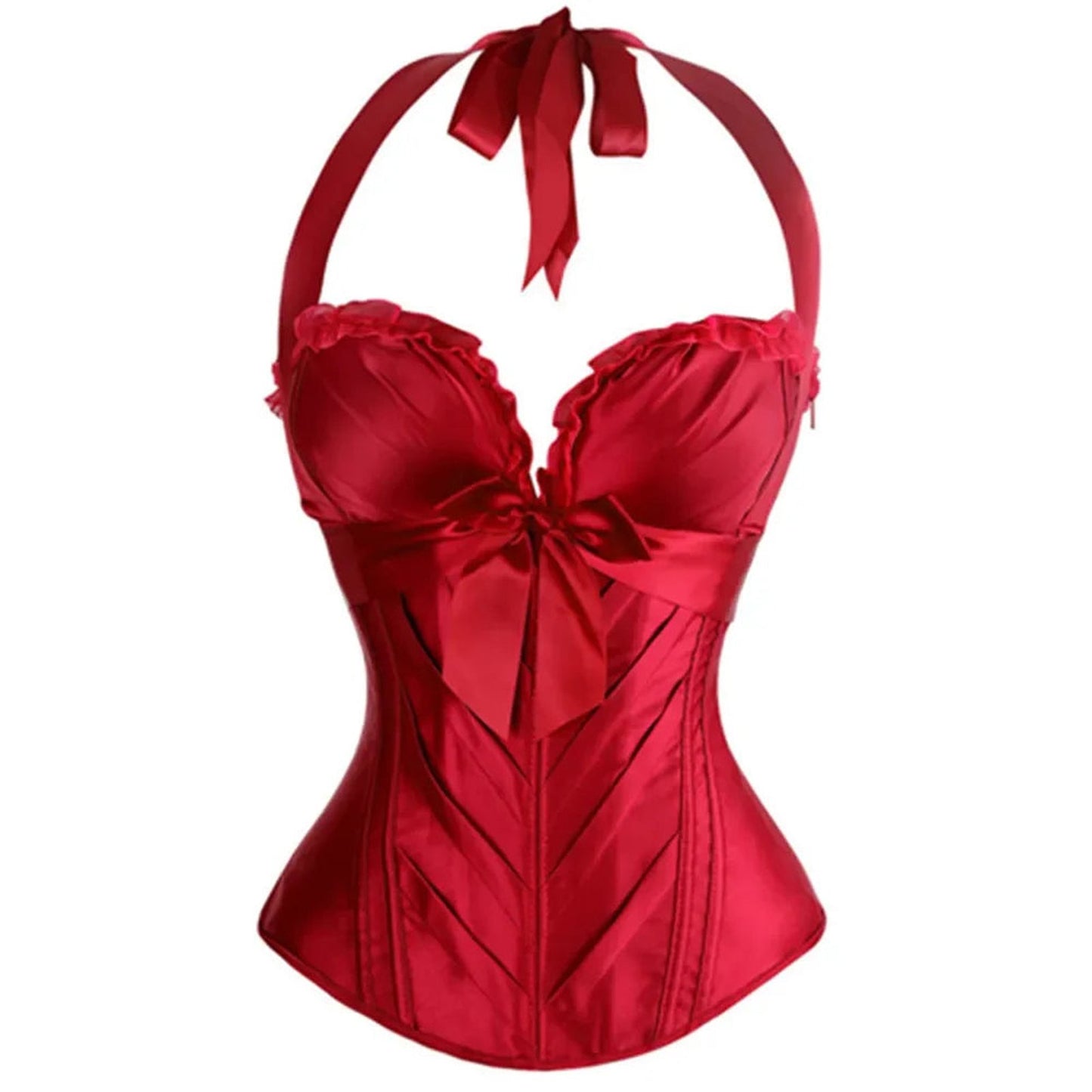Red satin sexy corset top for women with ribbon detailing and adjustable straps