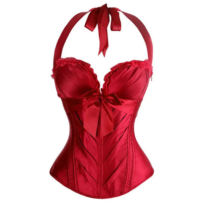 Elegant red sexy corset top for women with a halter neck and bow embellishment