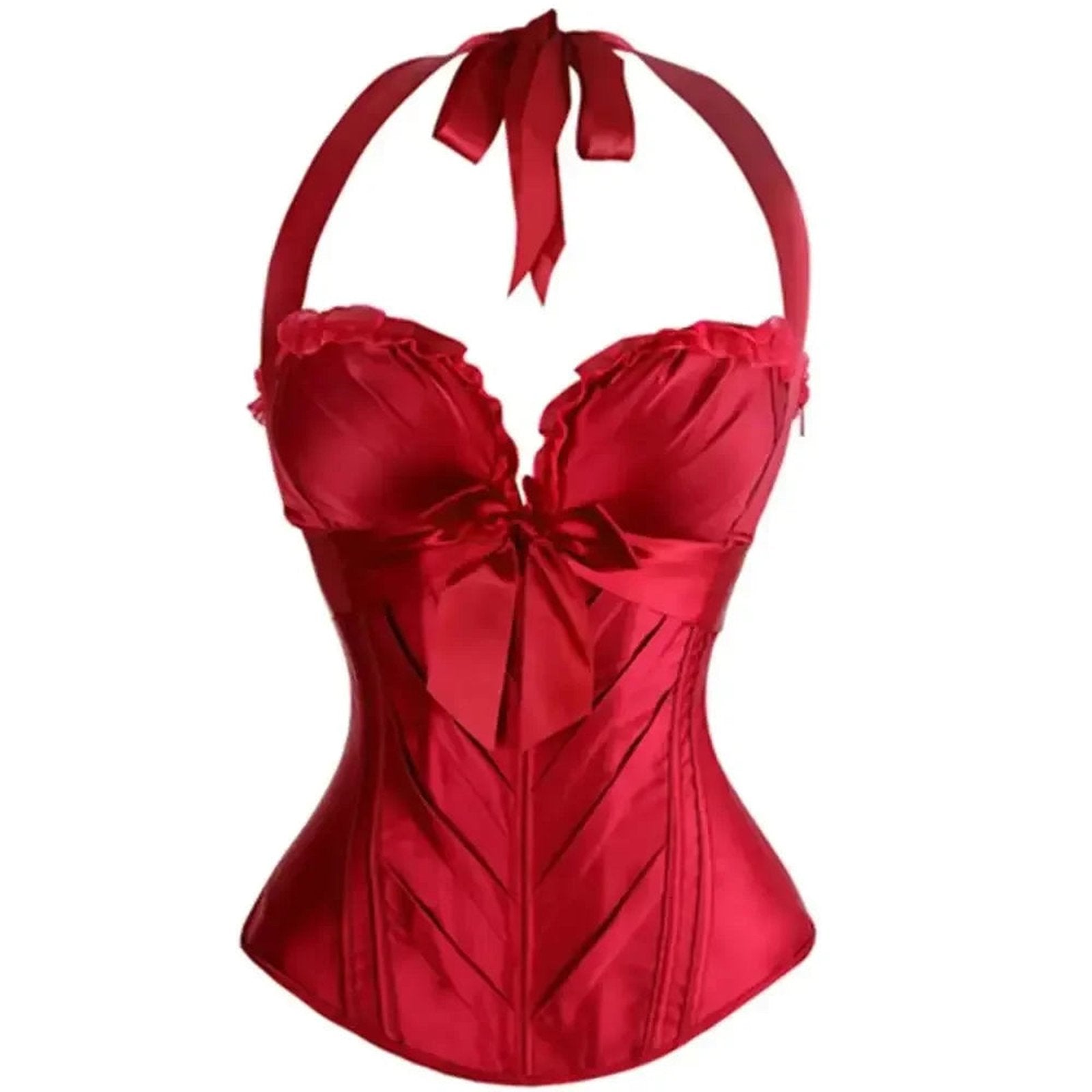 Red Satin Sexy Corset Top for Women with Halter Neck and Bow Detail