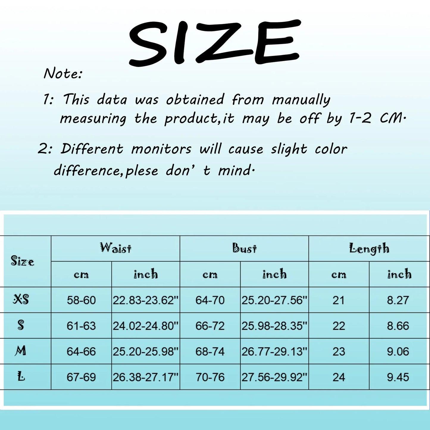 Size chart for sexy corset top for women with measurements for waist, bust, and length.