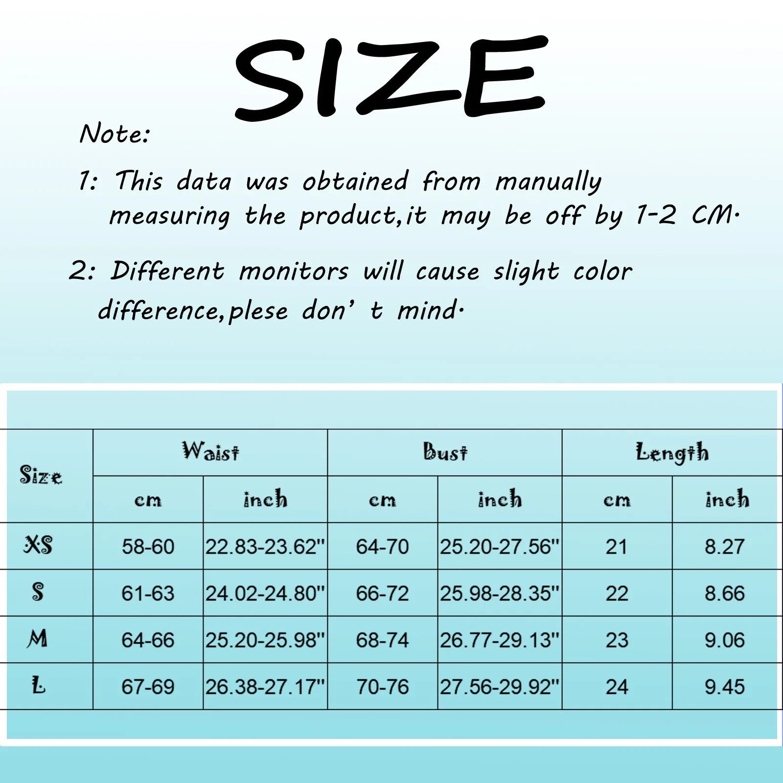 Size chart for sexy corset top for women with measurements for waist, bust, and length.