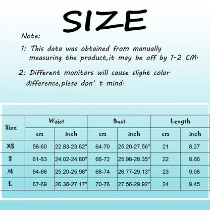 Size chart for sexy corset top for women with measurements for waist, bust, and length.