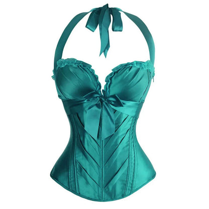 Teal LuckeLadybug sexy corset top for women with halter neck and bow detail for elegant styling