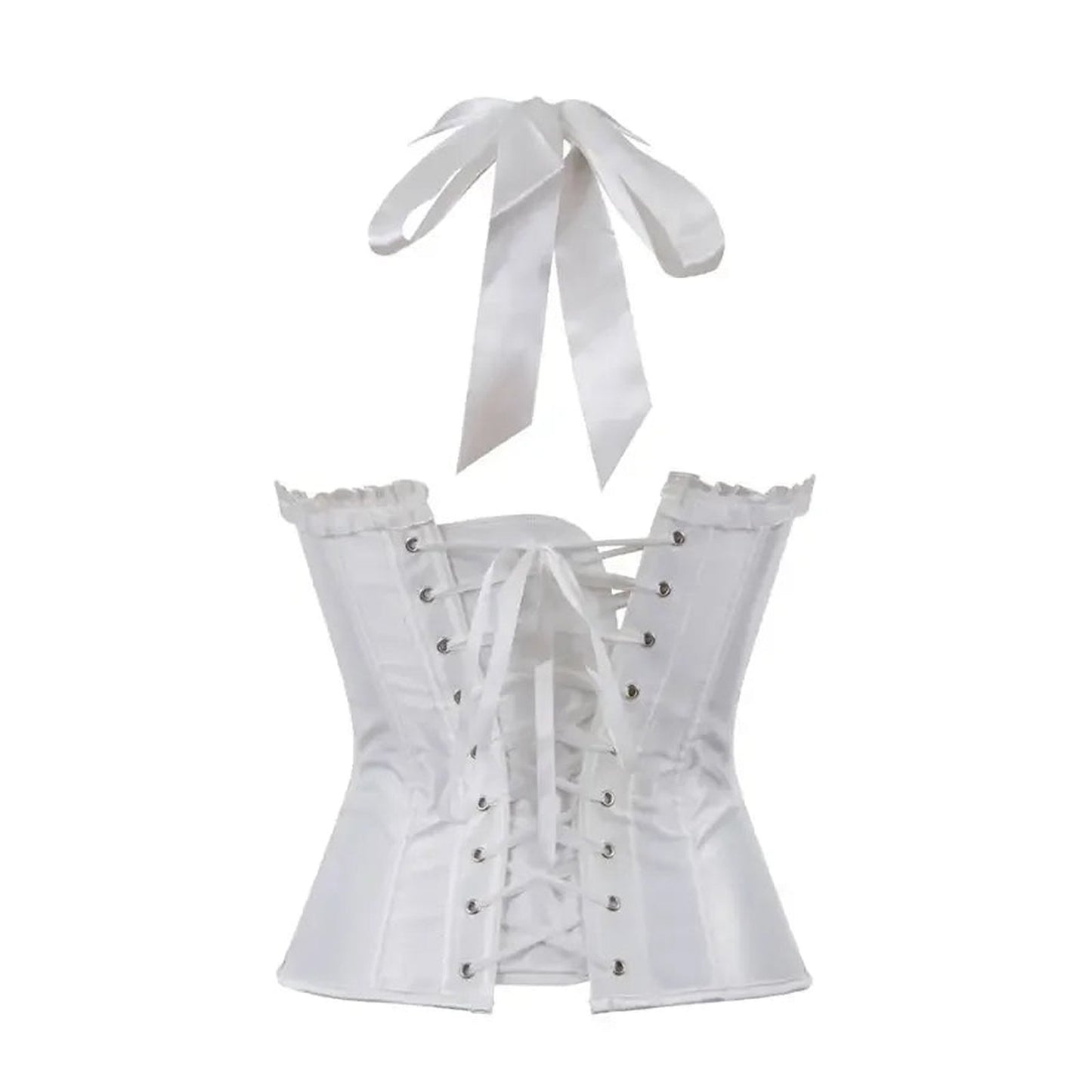Elegant white sexy corset top for women featuring a lace-up front and matching ribbon tie