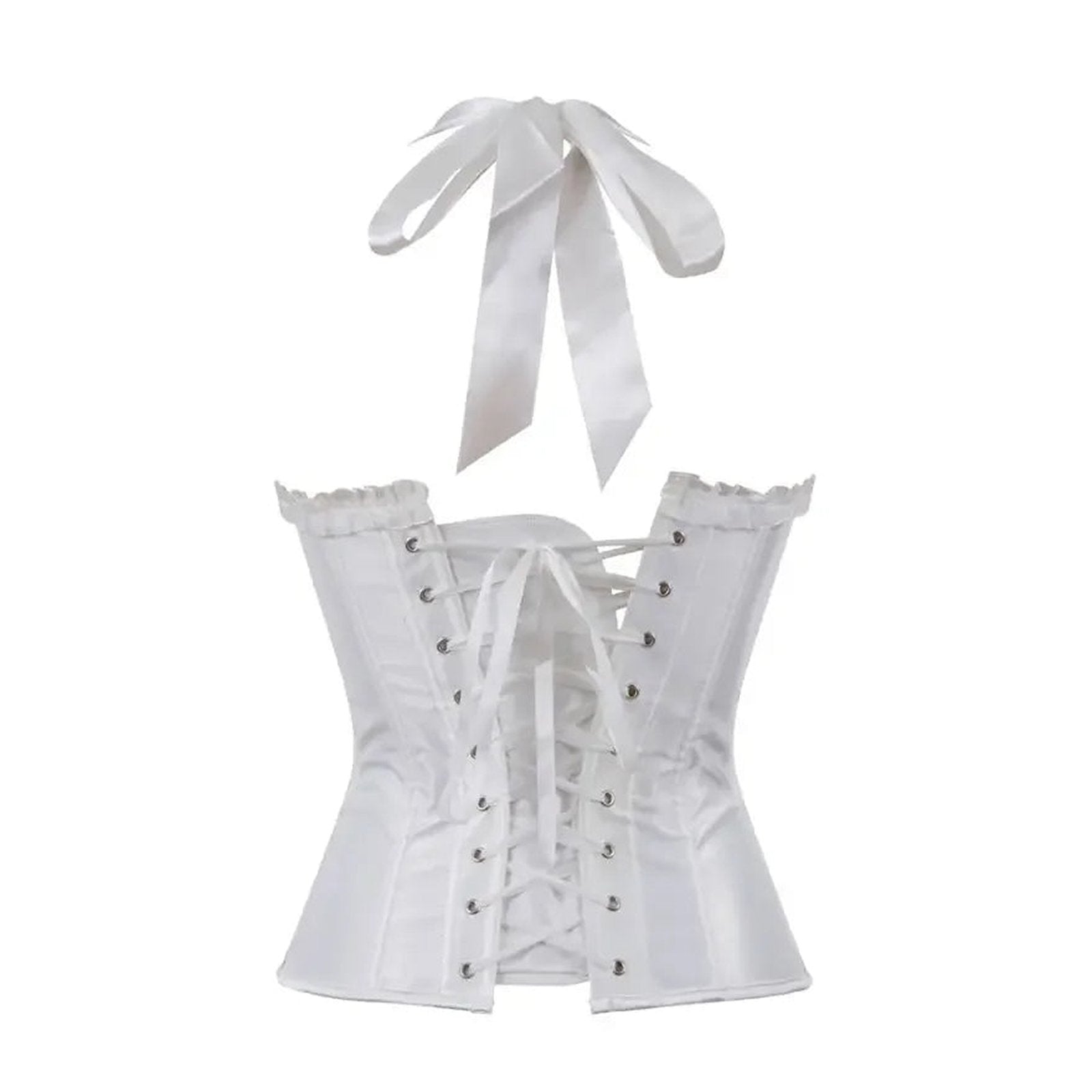 Elegant white sexy corset top for women featuring a lace-up front and matching ribbon tie