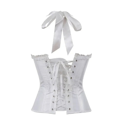 Elegant white sexy corset top for women featuring a lace-up front and matching ribbon tie