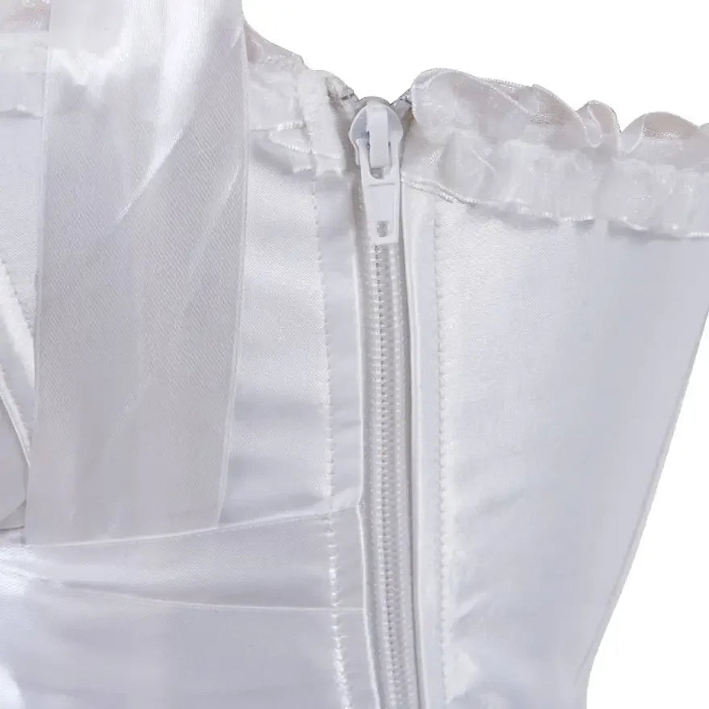 Elegant white sexy corset top for women featuring a zipper closure and ruffled trim