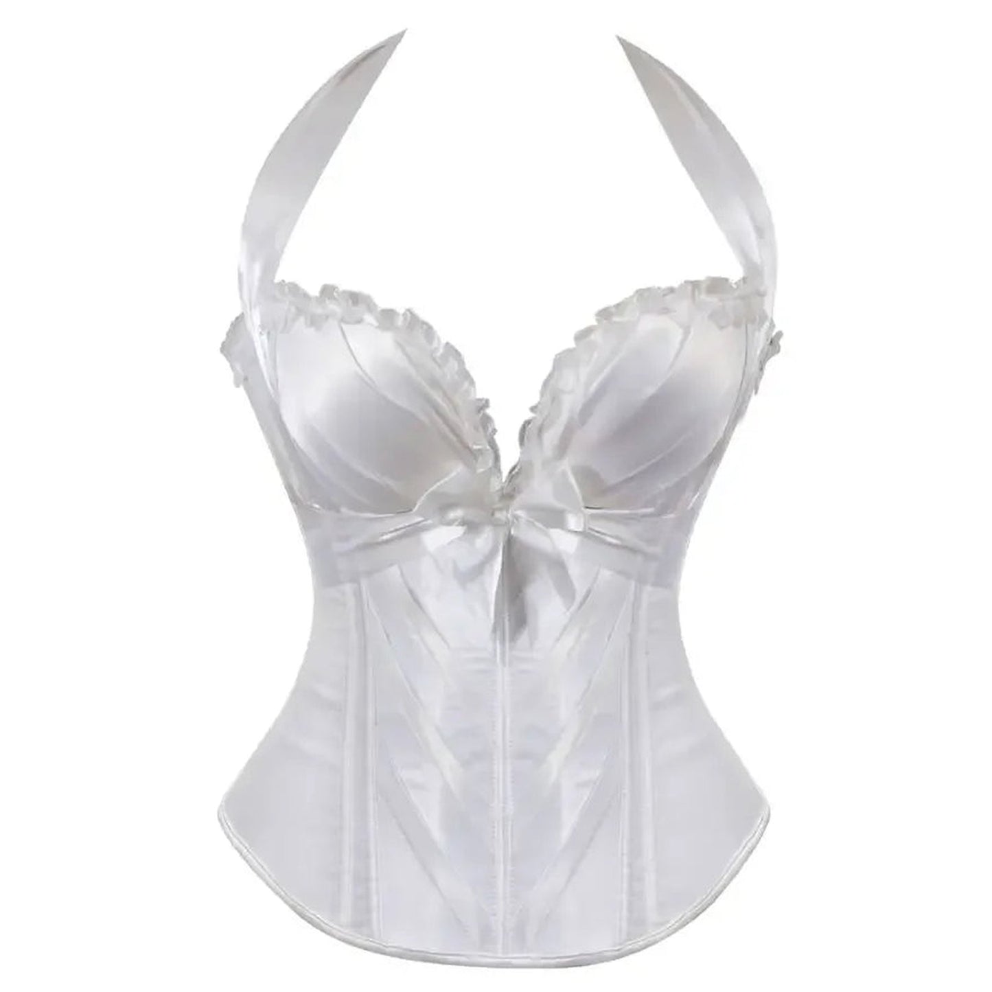 Elegant white sexy corset top for women with ruffled edges and satin ribbon details