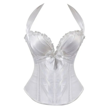 Elegant white sexy corset top for women with ruffled edges and satin ribbon details