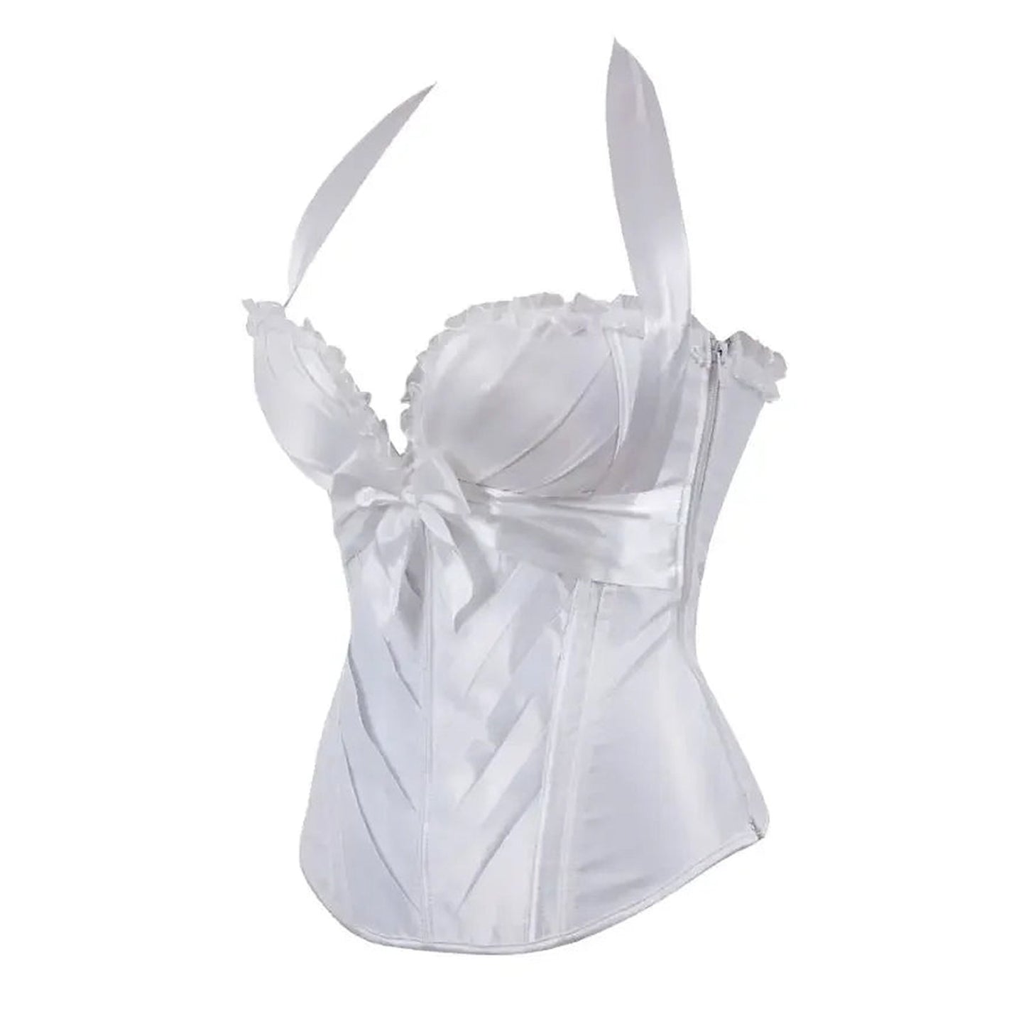 Elegant white sexy corset top for women with satin material and ruffled edges