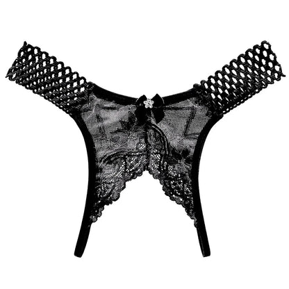 Elegant black lace sexy crotchless thongs for women with intricate design and bow detail