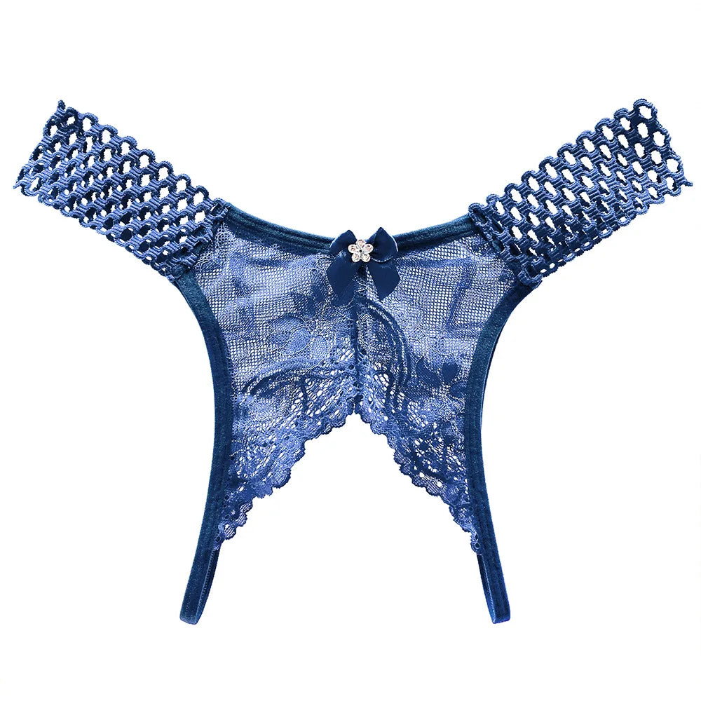 Navy blue sexy crotchless thongs for women with lace details and a bow accent for a playful look