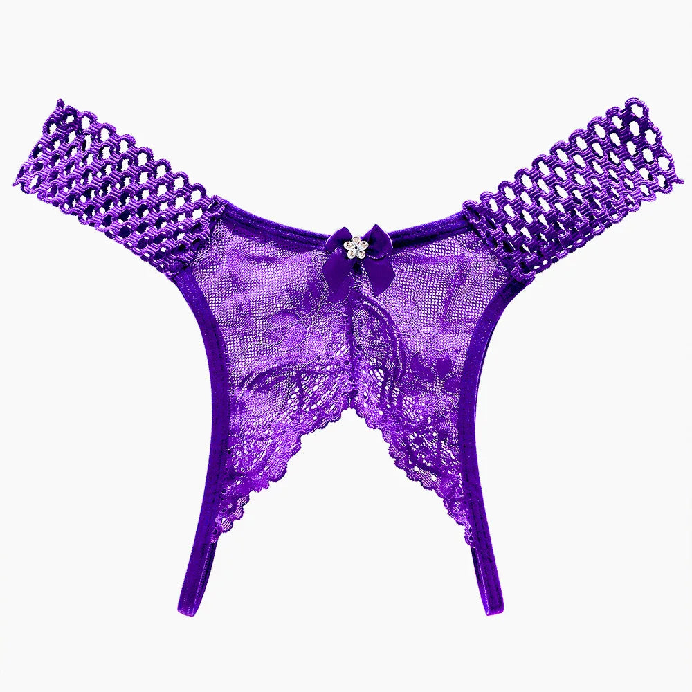 LuckeLadybug LLC sexy crotchless thongs for women in purple with lace detailing and bow accents