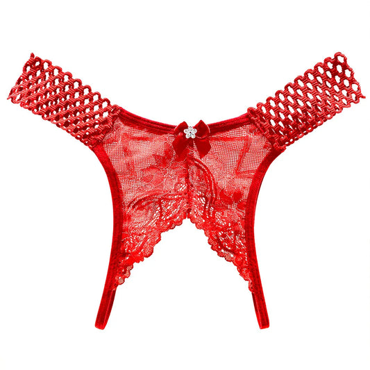 Red sexy crotchless thongs for women with intricate lace detailing and cute bow accent