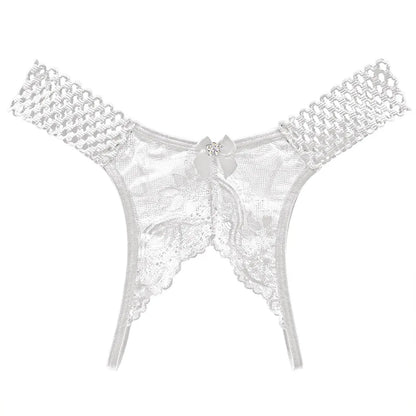 LuckeLadybug sexy crotchless thongs for women in delicate white lace with floral accents