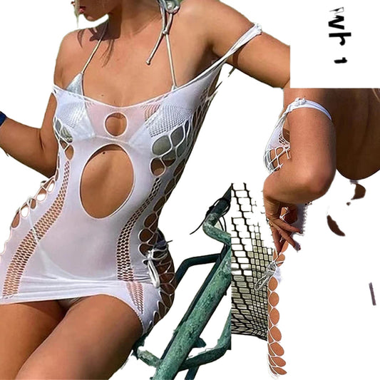 Stunning sexy fishnet bodycon dress featuring cutout details for a bold look