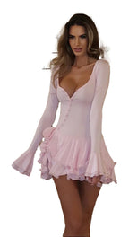 LuckeLadybug LLC sexy flare sleeve mini dress in pink with a deep V-neck and ruffled hem