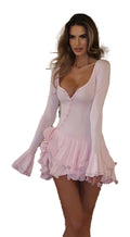 LuckeLadybug LLC sexy flare sleeve mini dress in pink with a flowy hem and button details