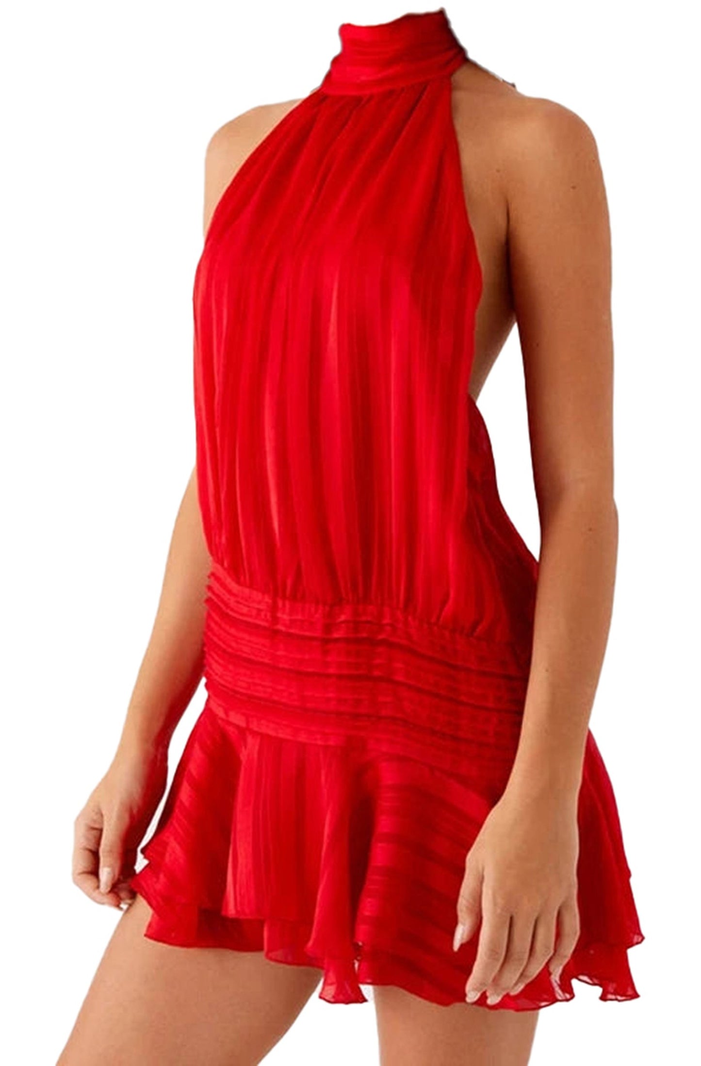 Red sexy halter mini dress with flowy fit and playful flared skirt for a stylish summer look