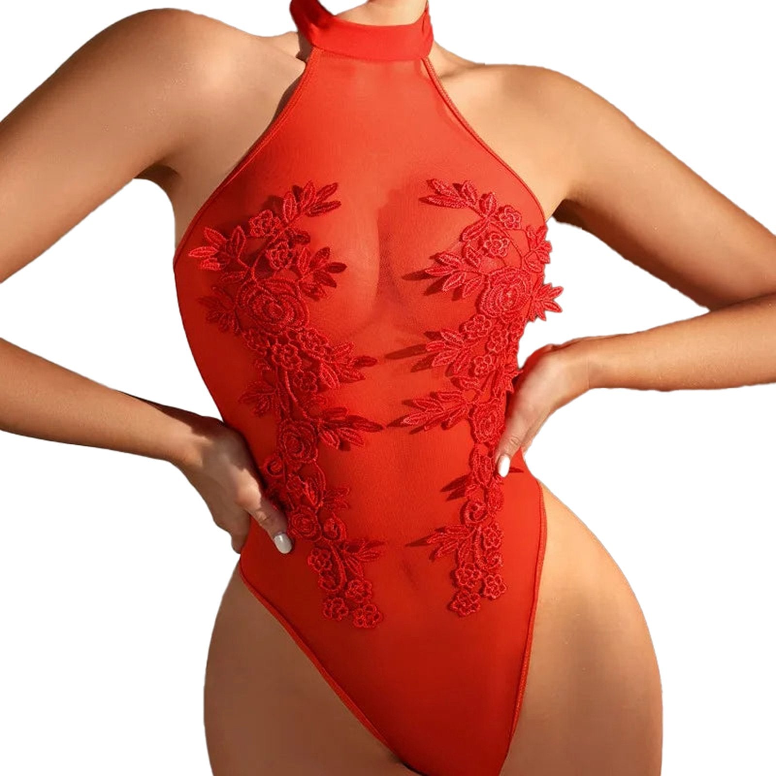 Red sexy lace bodysuit for women with floral embroidery and halter neck design