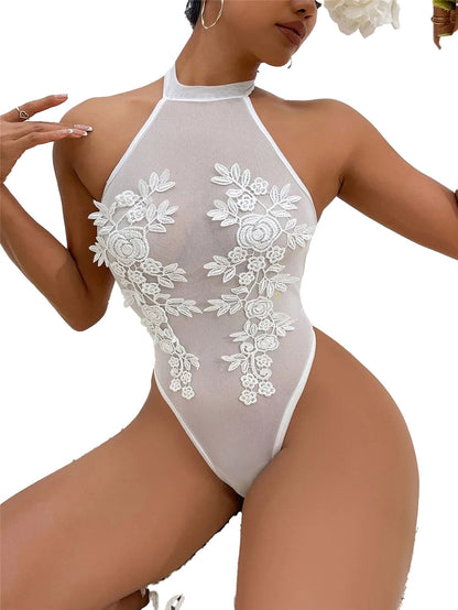 Elegant white sexy lace bodysuit for women featuring floral embroidery and a halter neck design