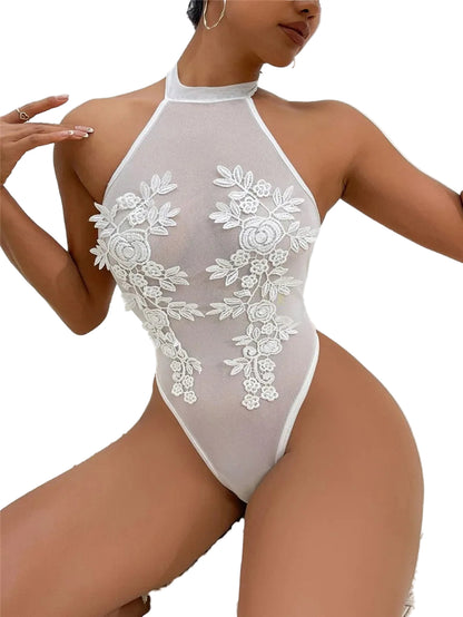 LuckeLadybug sexy lace bodysuit for women featuring floral embroidery and sheer design