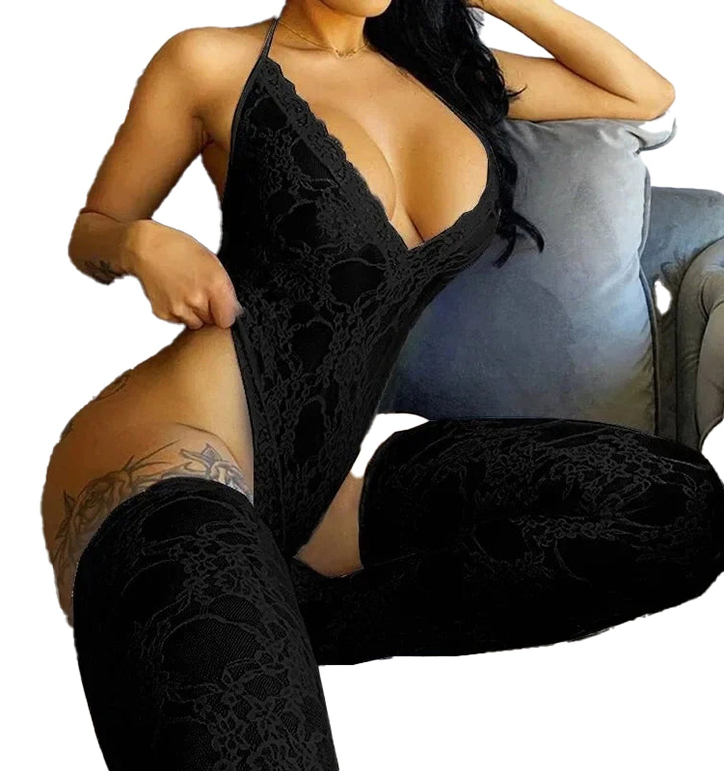 Sexy lace bodysuit lingerie in black with a deep V neckline and high-cut sides for a flattering fit