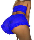 Vibrant blue sexy lace bodysuit lingerie featuring ruffled shorts for a flirty look
