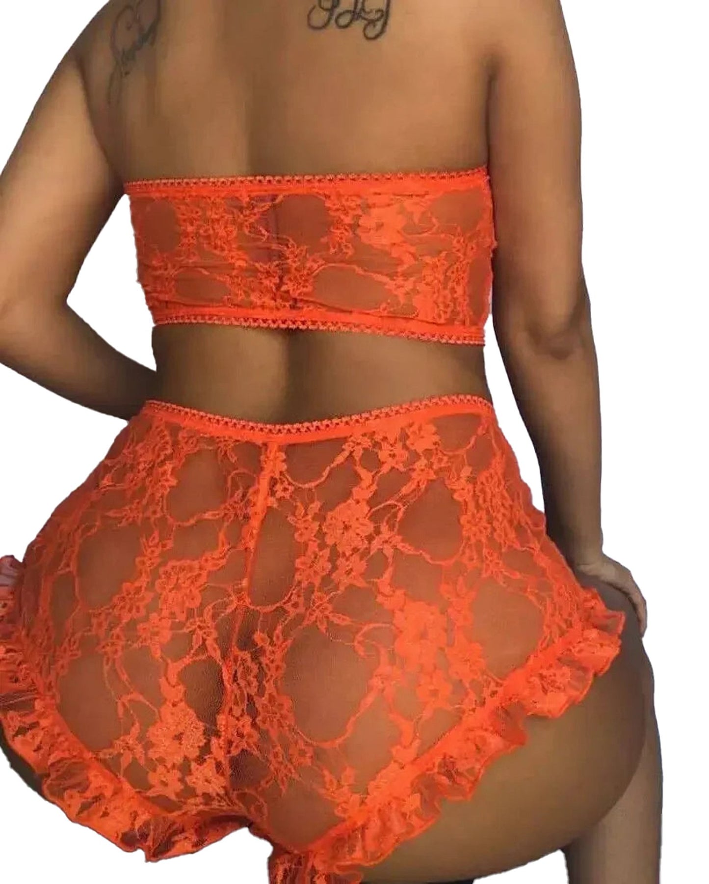 Sexy lace bodysuit lingerie in vibrant orange with floral design and ruffled edges
