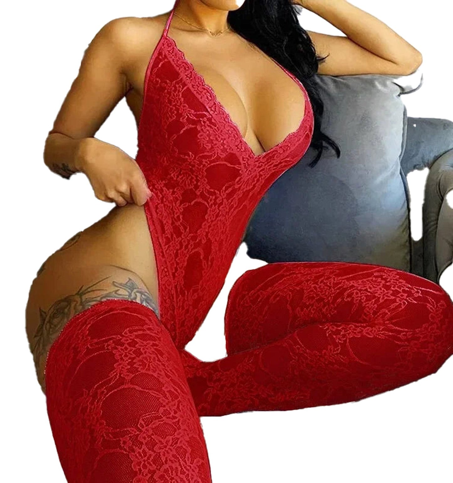 Red sexy lace bodysuit lingerie with plunging neckline and form-fitting design for alluring style