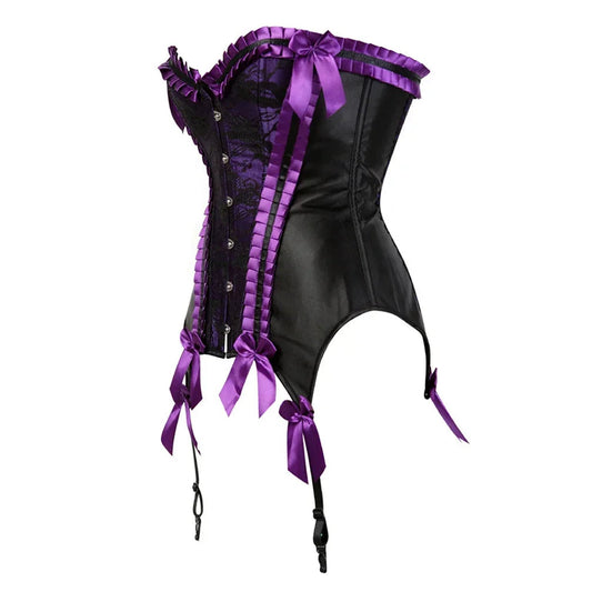 LuckeLadybug sexy lace bustier corset top in black and purple with ribbon details and garter straps