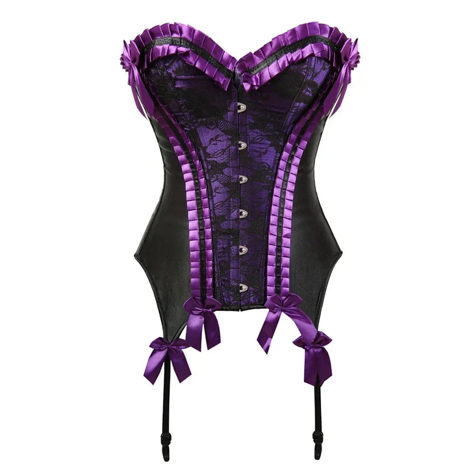 Stunning purple and black sexy lace bustier corset top with ruffled edges and satin ribbons