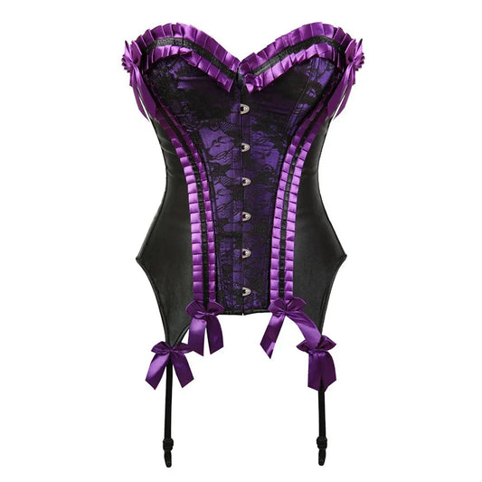 Stunning purple and black sexy lace bustier corset top with ruffled edges and satin ribbons