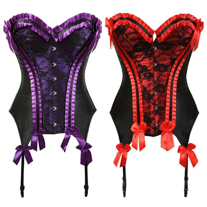 Sexy lace bustier corset top in purple and red with satin ribbons and adjustable straps