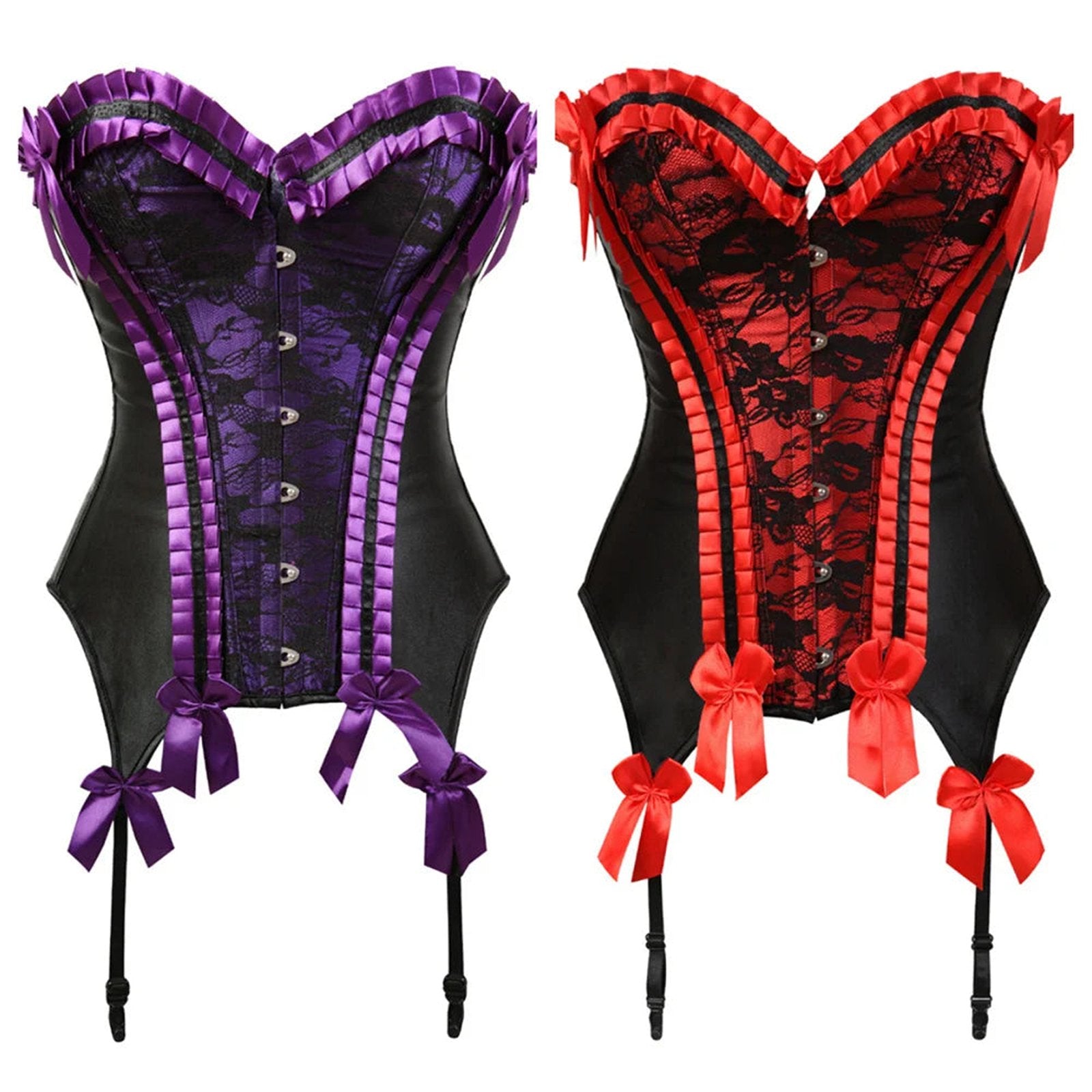 Sexy lace bustier corset top in purple and red with satin ribbons and adjustable straps