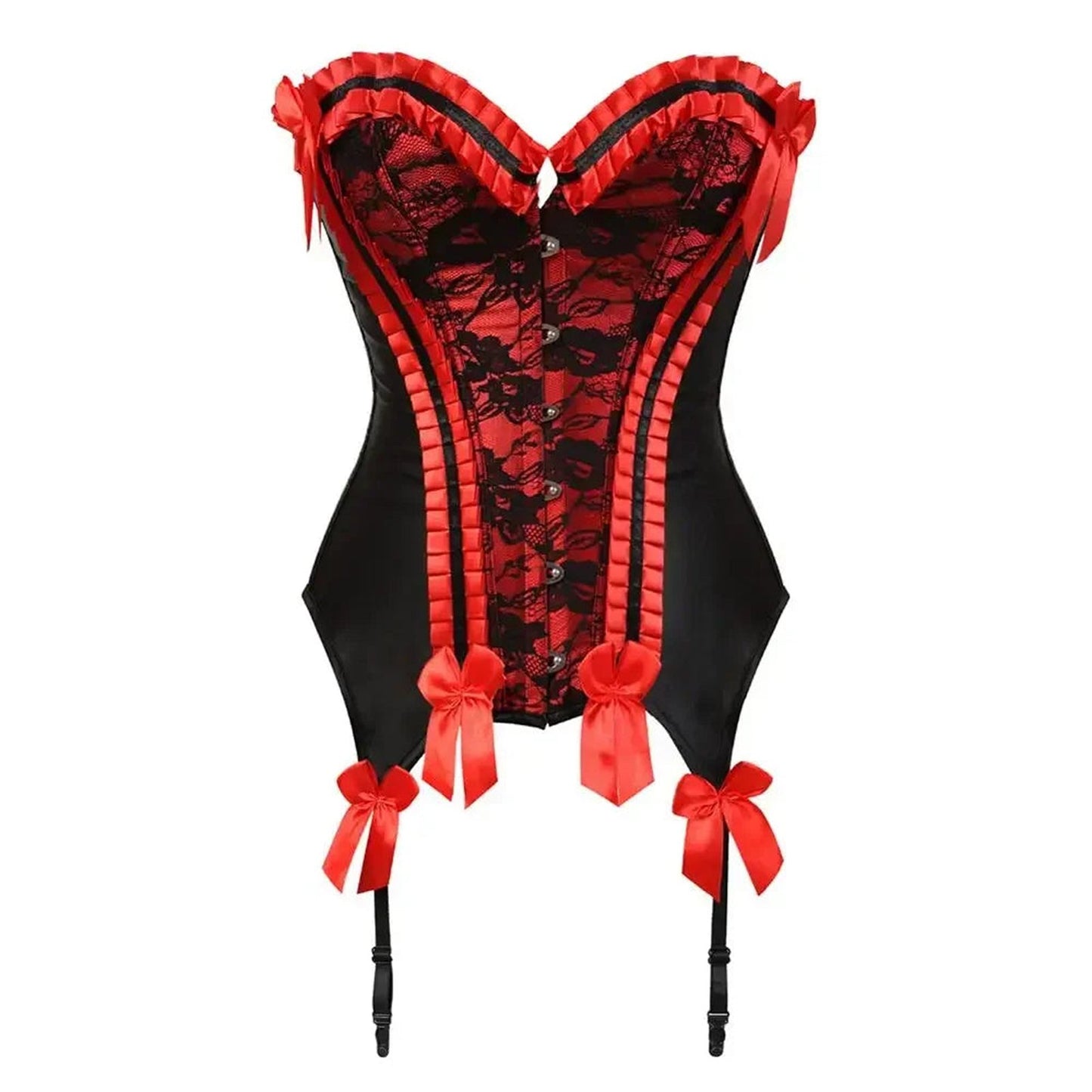 LuckeLadybug LLC sexy lace bustier corset top in black and red with bow details and elegant design