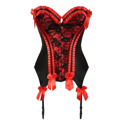 LuckeLadybug LLC sexy lace bustier corset top in black and red with bow details and elegant design