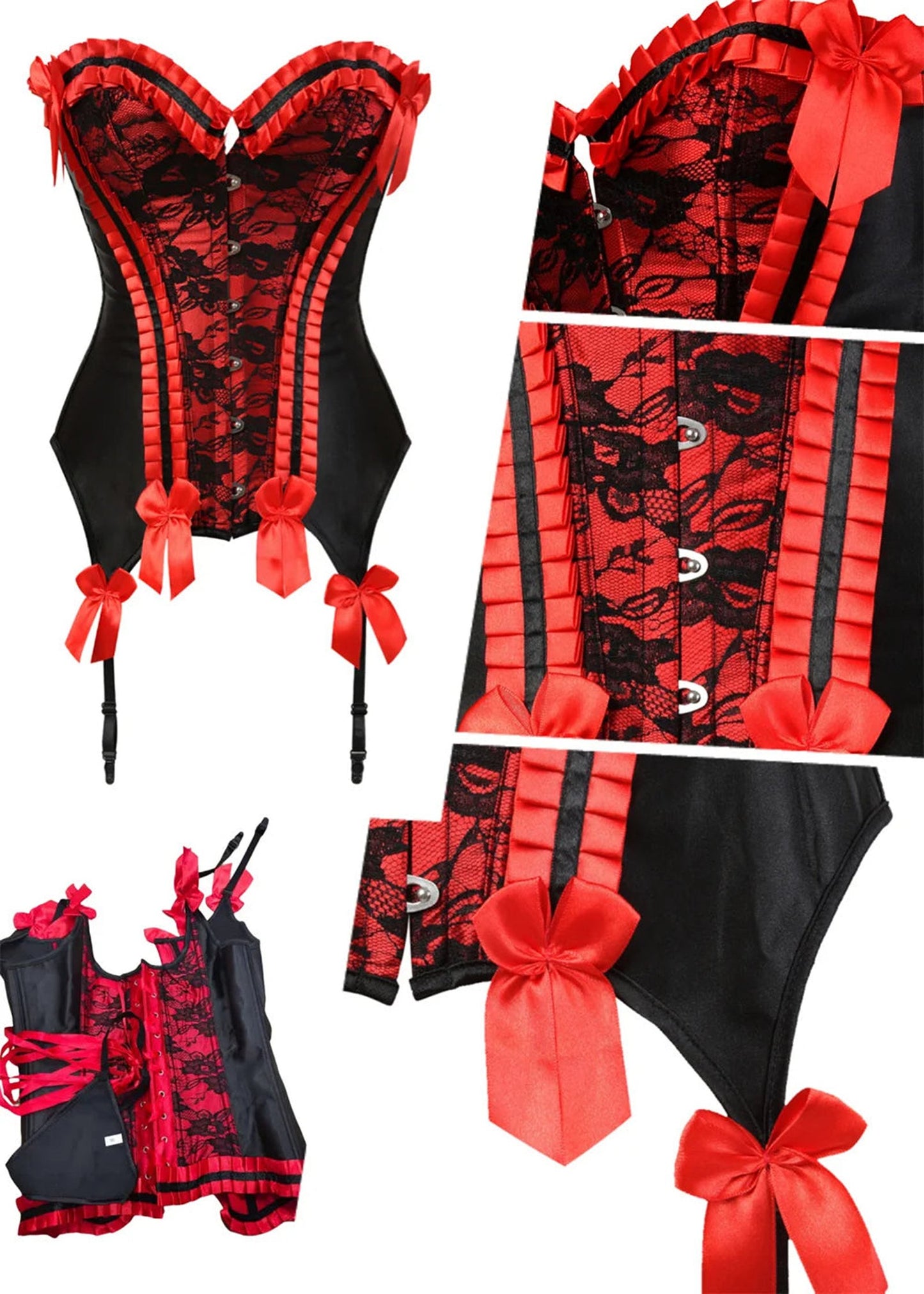 Sexy lace bustier corset top by LuckeLadybug LLC featuring red ribbons and black lace accents