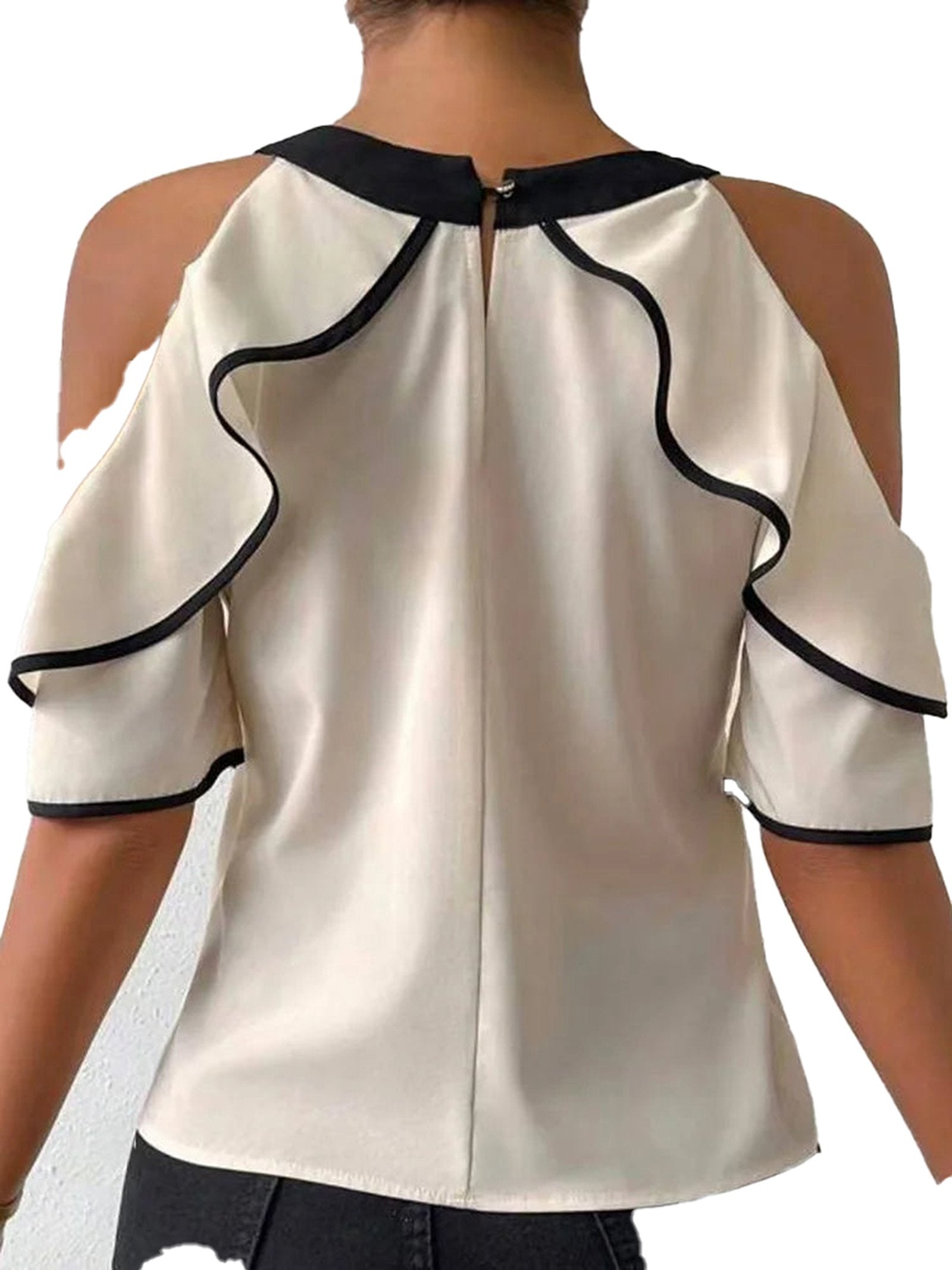 Back view of a sexy lace butterfly sleeve blouse with contrasting trim and stylish cutouts