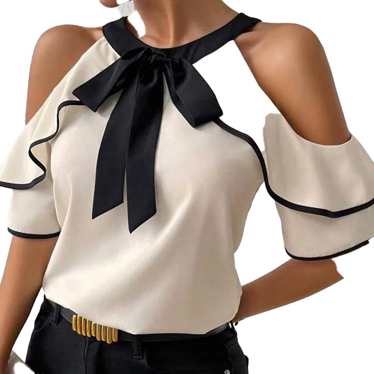 Chic sexy lace butterfly sleeve blouse with a stylish bow and cold shoulder design