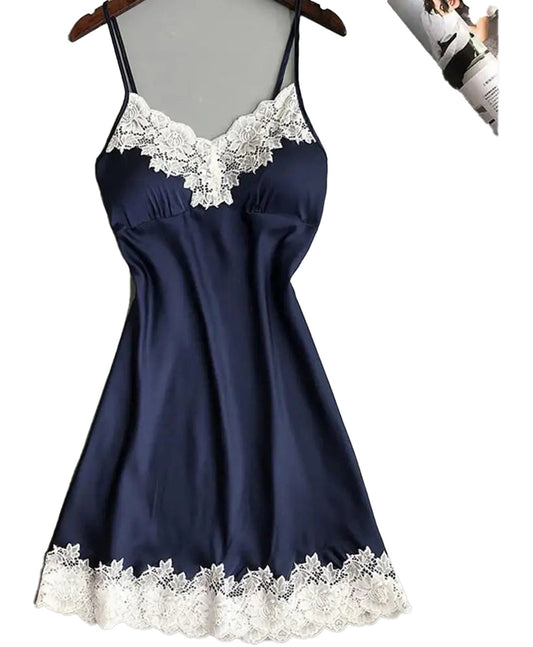 Navy blue sexy lace chemise for women featuring delicate lace trim and adjustable straps