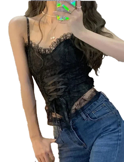 Sexy lace corset crop top for women with adjustable straps and trendy lace detailing